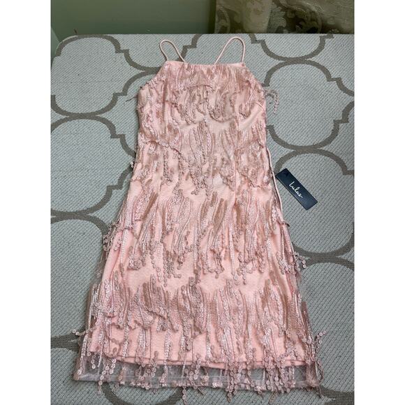 Lulus Making Magic Blush Pink Fringe Lace-Up Mini Dress, size XS - Picture 3 of 16